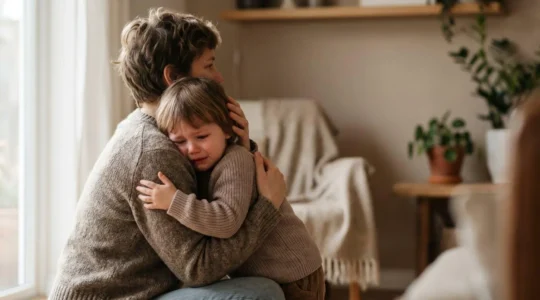 A gentle moment of reunion between parent and child in warm natural light