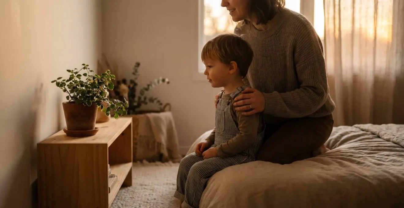 Warm evening scene showing parent and child connection during bedtime routine with natural elements