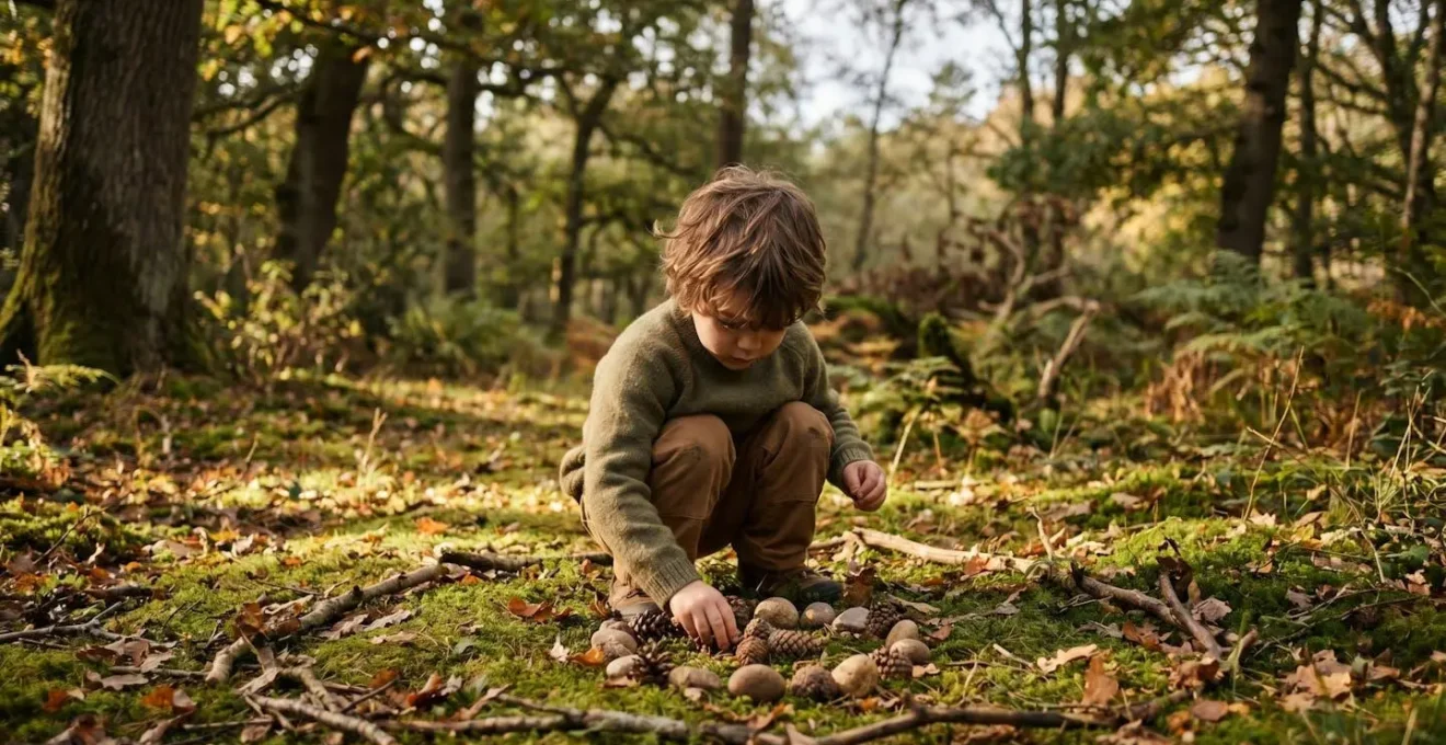 Young preschool child engaged in outdoor nature play, exploring spatial concepts through natural materials in sunlit forest setting