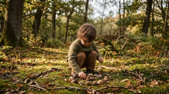 Young preschool child engaged in outdoor nature play, exploring spatial concepts through natural materials in sunlit forest setting