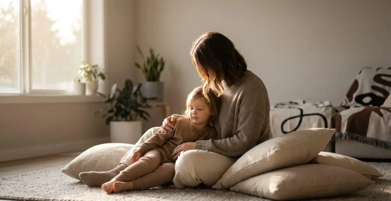 A nurturing indoor scene showing emotional safety and calm connection between parent and child in a home environment