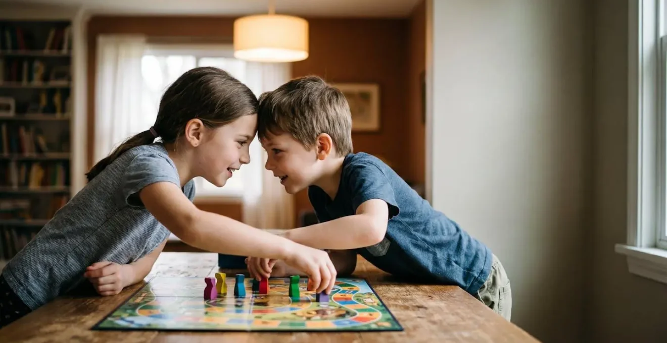 Two children collaborating over a colorful board game, focused on shared strategy and teamwork