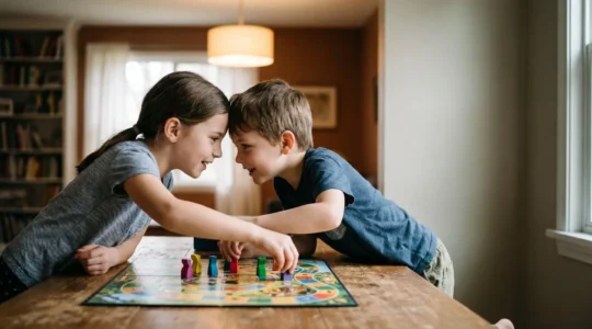 Two children collaborating over a colorful board game, focused on shared strategy and teamwork