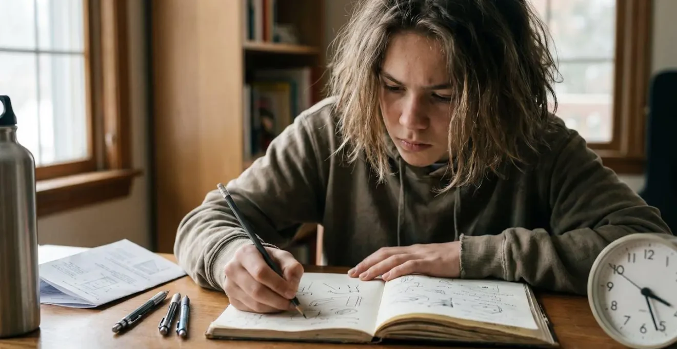 A student reviewing their work with focused determination, surrounded by study materials in natural lighting