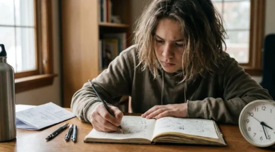 A student reviewing their work with focused determination, surrounded by study materials in natural lighting