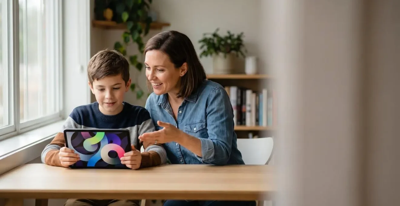 A parent and pre-teen collaboratively examining digital content together in a bright, modern learning environment