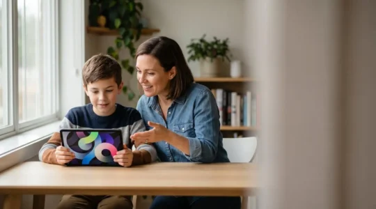 A parent and pre-teen collaboratively examining digital content together in a bright, modern learning environment