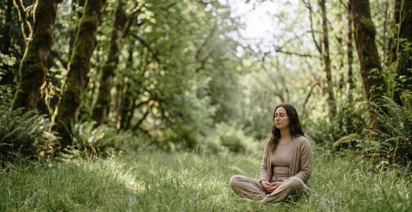 A person sitting peacefully in nature, disconnected from digital devices, finding balance and tranquility