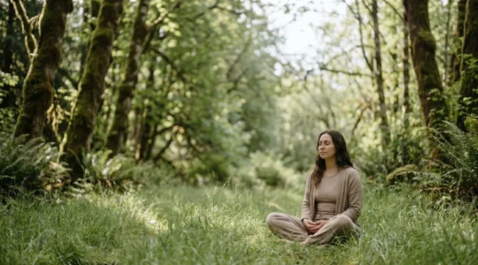 A person sitting peacefully in nature, disconnected from digital devices, finding balance and tranquility