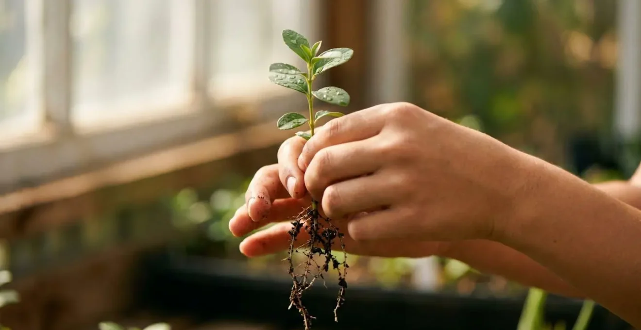 Teen hands carefully tending to young plant seedlings in rich soil, symbolizing the nurturing of executive function and planning skills