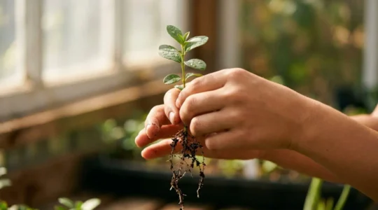 Teen hands carefully tending to young plant seedlings in rich soil, symbolizing the nurturing of executive function and planning skills