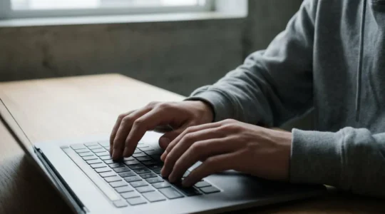 A thoughtful teenager's hands typing on a laptop keyboard with soft natural lighting creating shadows, representing the permanent digital traces created online