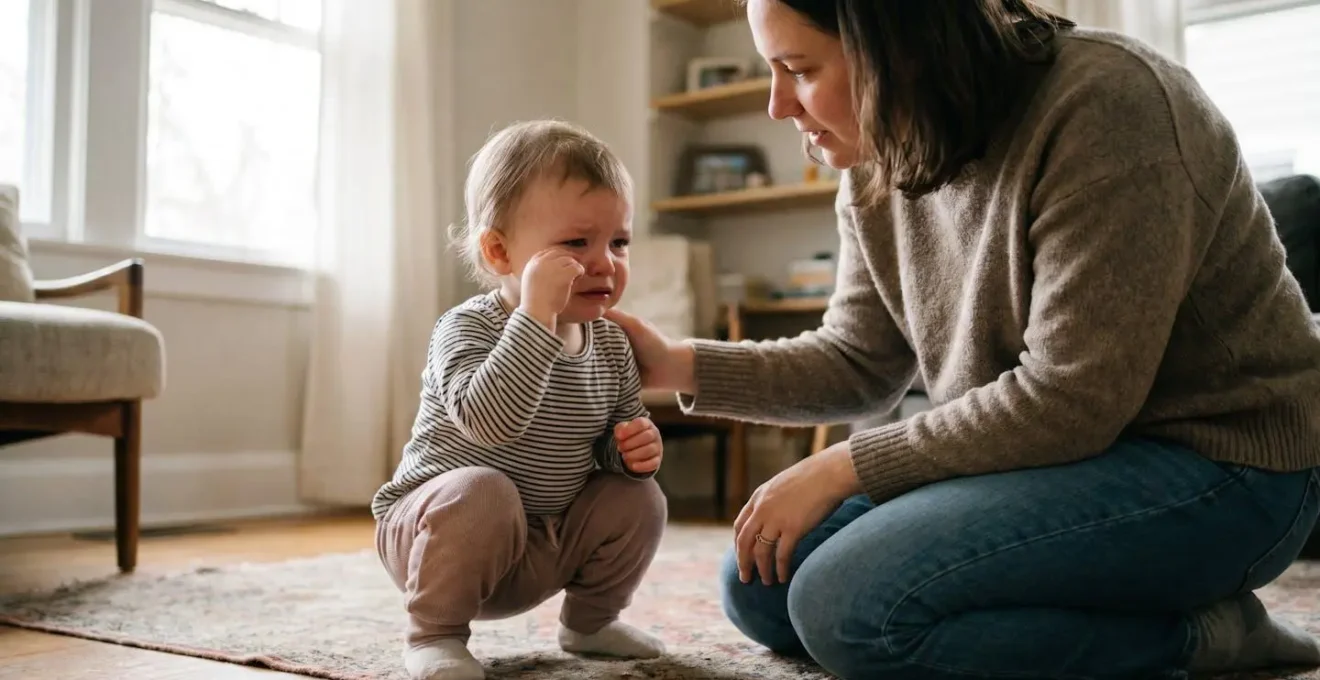 Parent kneeling beside upset toddler offering calm presence during emotional moment