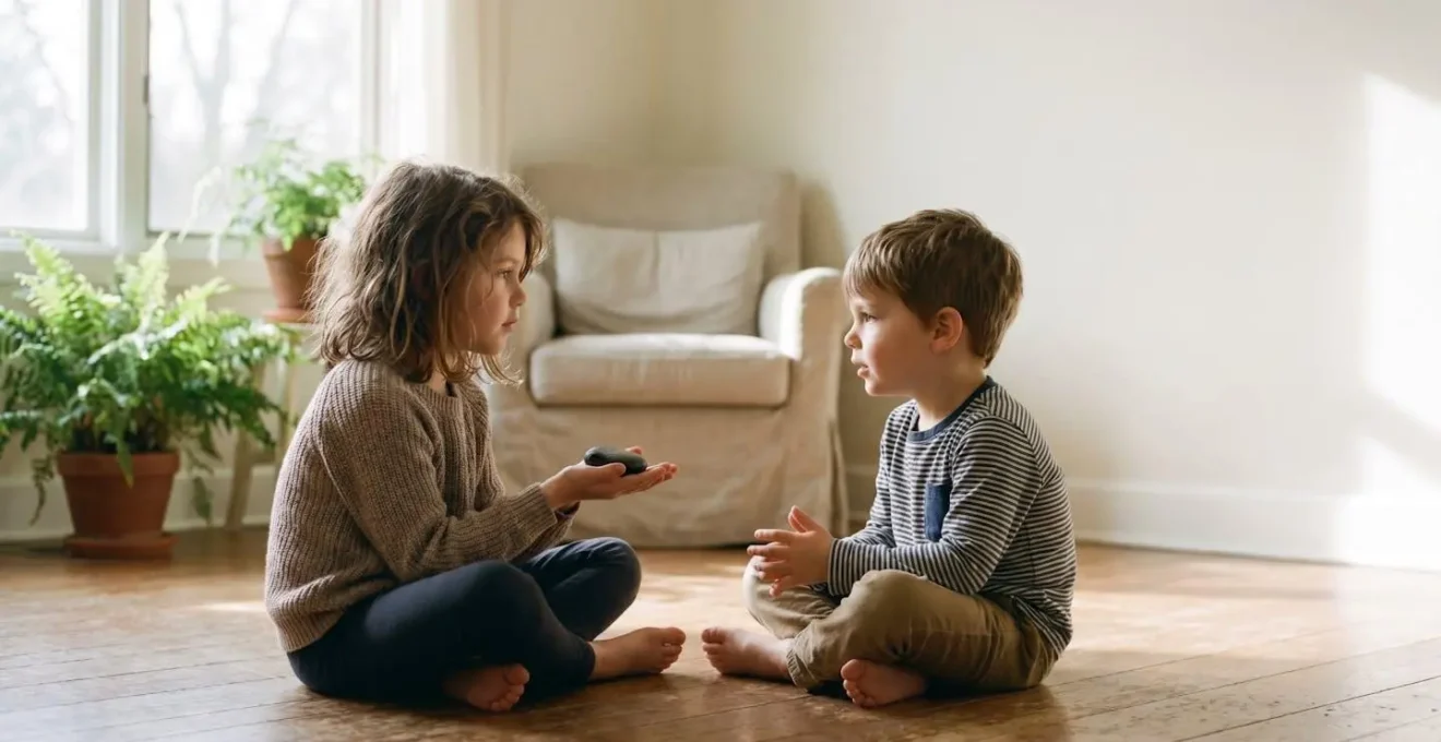 Two young siblings sitting together in a calm moment of peaceful conflict resolution at home