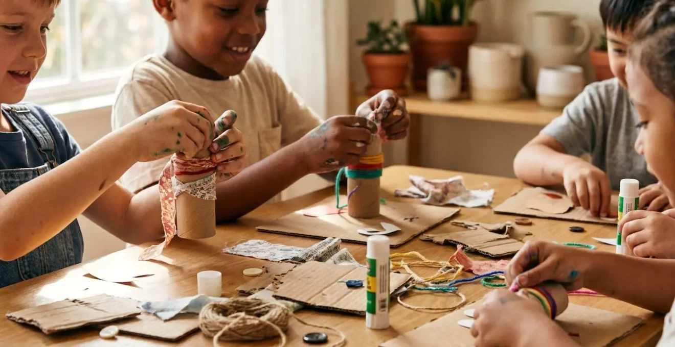 Children engaging in creative upcycling art project with reclaimed materials in natural light workspace