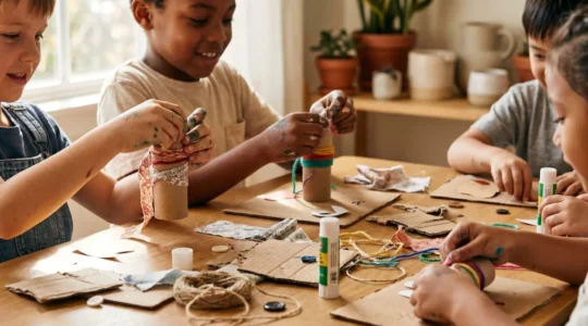 Children engaging in creative upcycling art project with reclaimed materials in natural light workspace