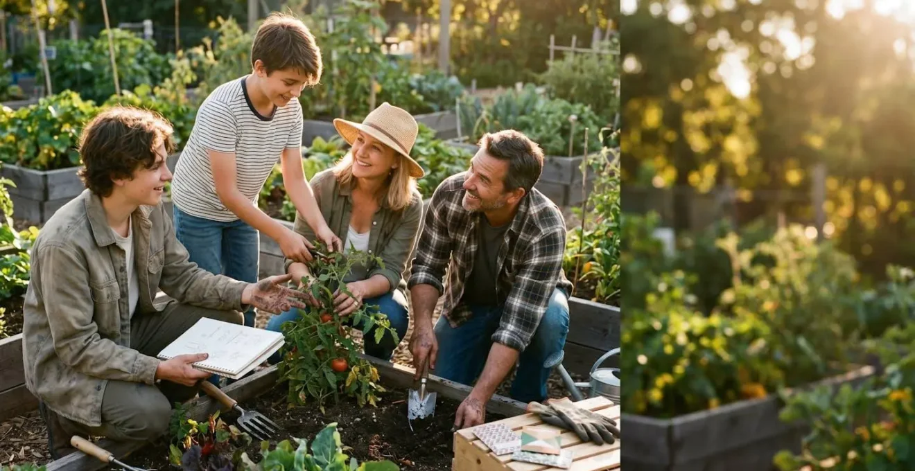 Multi-generational family engaging in outdoor gardening activity together during weekend, creating meaningful connection through nature-based tradition