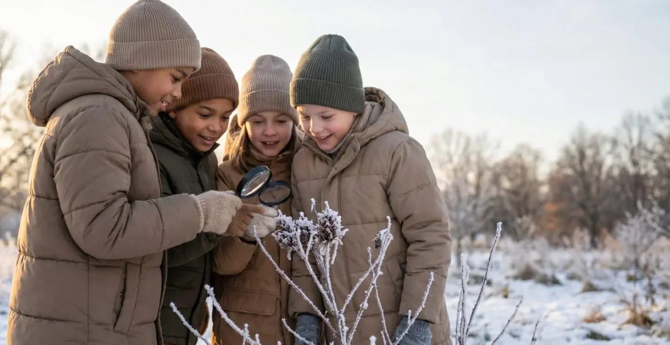 Children exploring winter nature during outdoor scavenger hunt activity