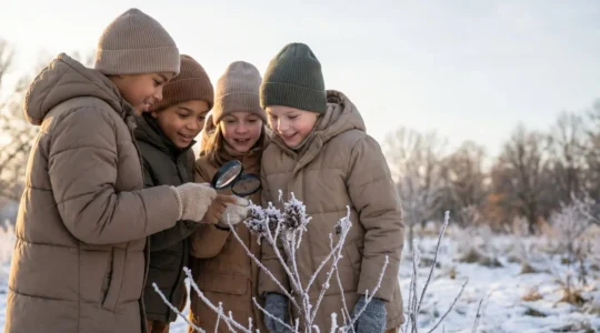 Children exploring winter nature during outdoor scavenger hunt activity