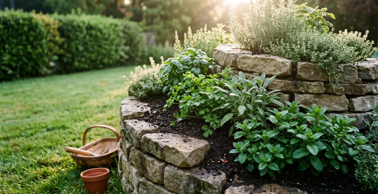 A stone herb spiral garden in golden light, showing tiered planting zones from dry Mediterranean herbs at the top to lush moisture-loving herbs at the base.