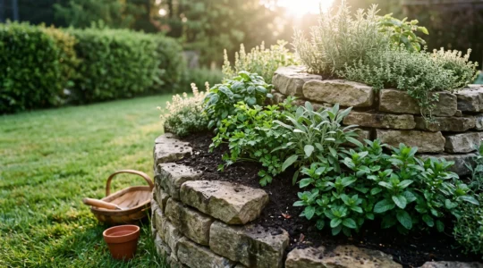 A stone herb spiral garden in golden light, showing tiered planting zones from dry Mediterranean herbs at the top to lush moisture-loving herbs at the base.