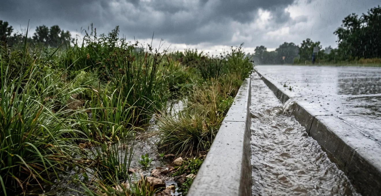 Split editorial photograph contrasting a lush green bioswale channel with a traditional concrete storm drain during heavy rainfall