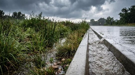 Split editorial photograph contrasting a lush green bioswale channel with a traditional concrete storm drain during heavy rainfall