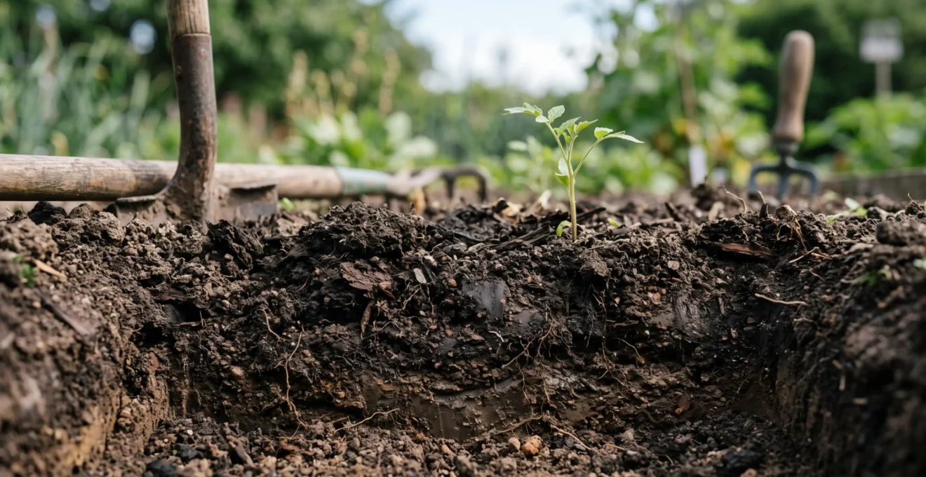 Cross-section view of healthy garden soil showing dark, crumbly texture with visible plant roots, symbolizing the hidden battle against fungal spores below the surface