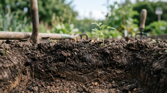 Cross-section view of healthy garden soil showing dark, crumbly texture with visible plant roots, symbolizing the hidden battle against fungal spores below the surface