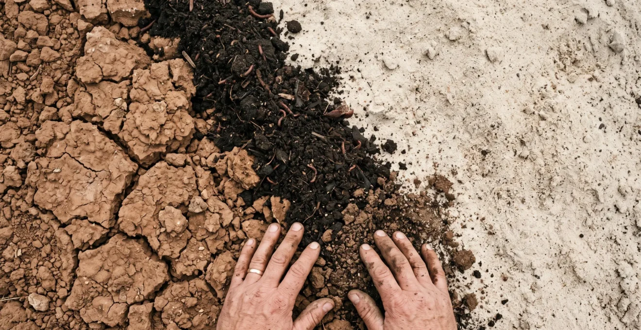 Split view of dense clay soil and loose sandy soil being transformed by dark organic compost