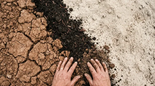 Split view of dense clay soil and loose sandy soil being transformed by dark organic compost