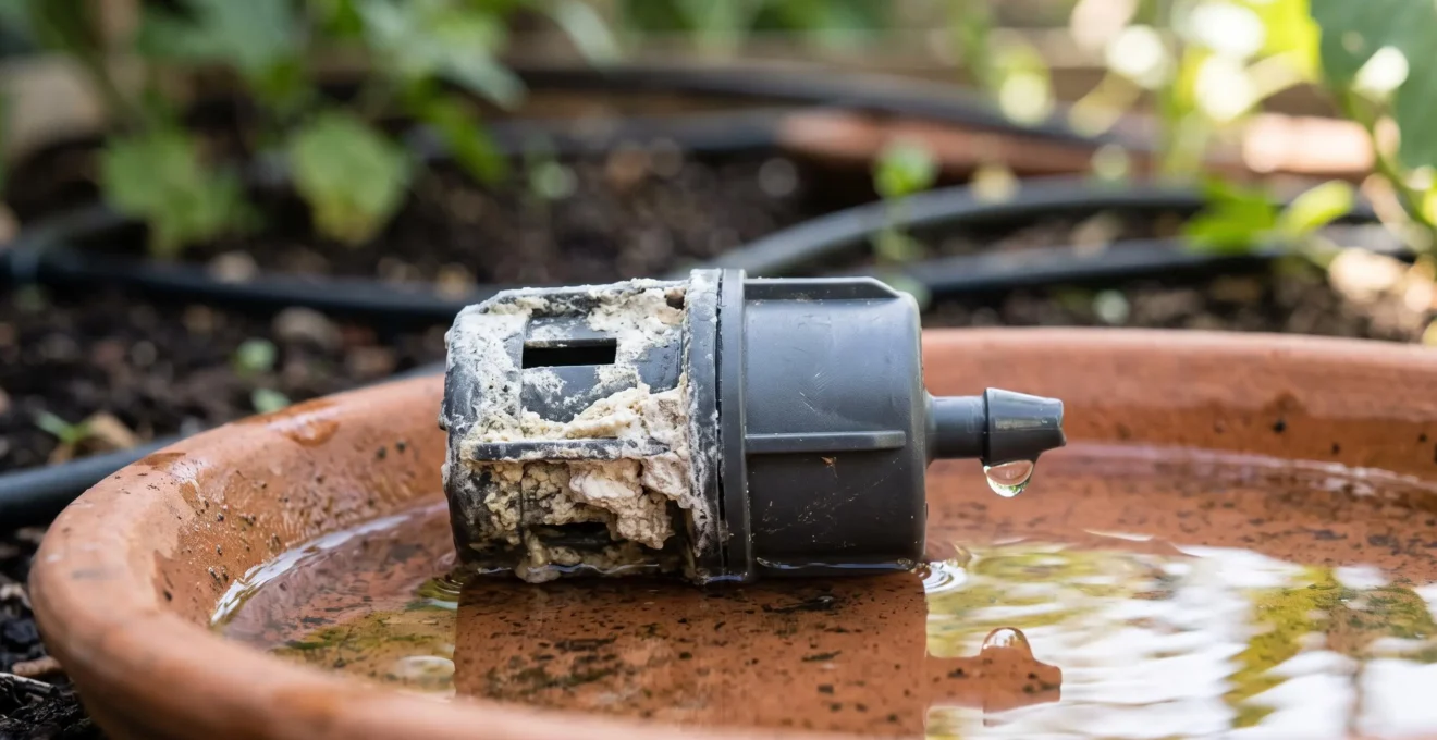 Close-up split view of a drip irrigation emitter, one half coated in white mineral limescale and the other half clean and dripping clear water