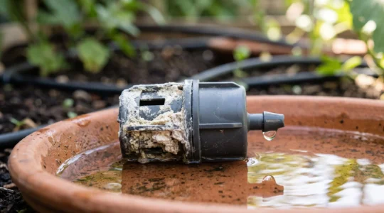 Close-up split view of a drip irrigation emitter, one half coated in white mineral limescale and the other half clean and dripping clear water