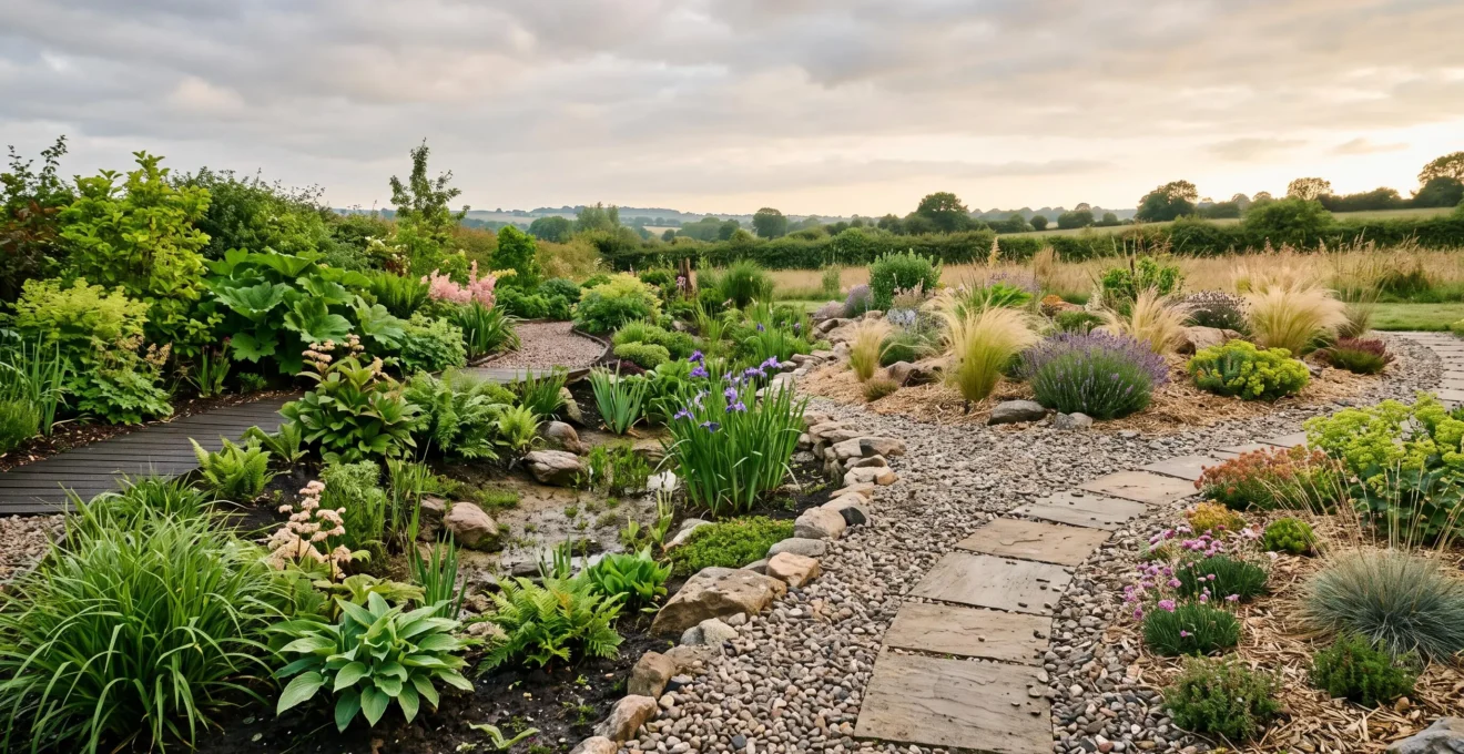 Wide editorial photograph of a resilient garden landscape balancing lush planting with a dry gravel bed under a dramatic sky