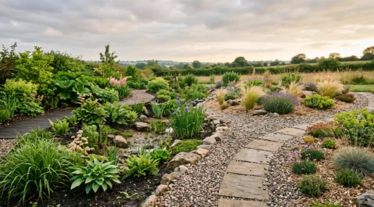 Wide editorial photograph of a resilient garden landscape balancing lush planting with a dry gravel bed under a dramatic sky