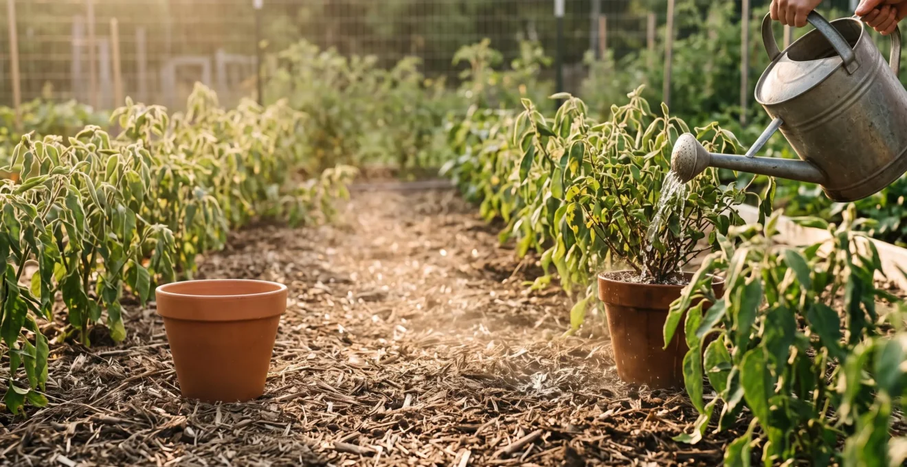 Gardener watering the base of a wilting plant in early morning light during a summer heatwave