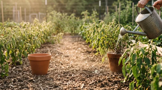 Gardener watering the base of a wilting plant in early morning light during a summer heatwave