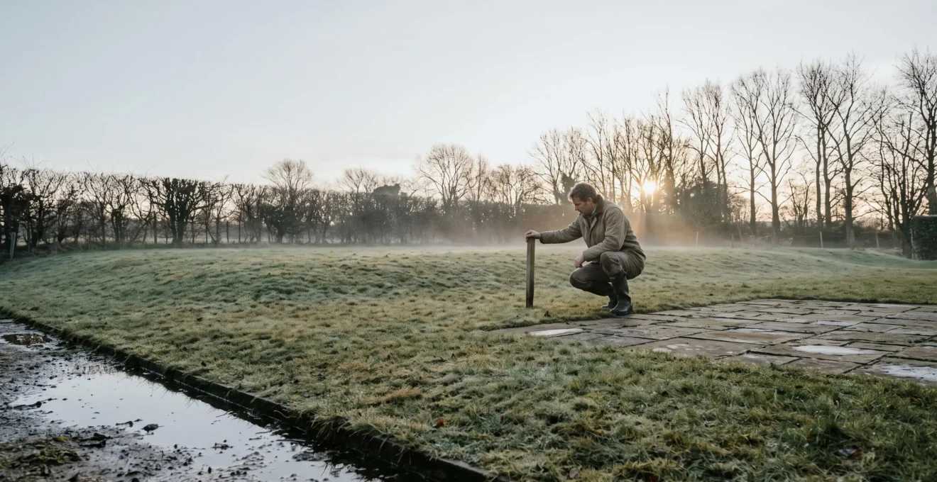 Wide editorial shot of a homeowner inspecting a sloped, waterlogged lawn edge in early winter light