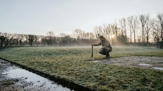 Wide editorial shot of a homeowner inspecting a sloped, waterlogged lawn edge in early winter light
