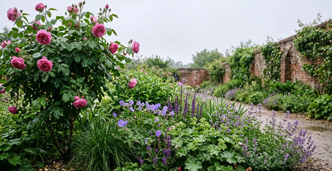 A lush, rain-dampened English garden border showing healthy, disease-free foliage under an overcast sky