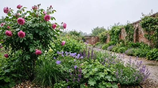 A lush, rain-dampened English garden border showing healthy, disease-free foliage under an overcast sky