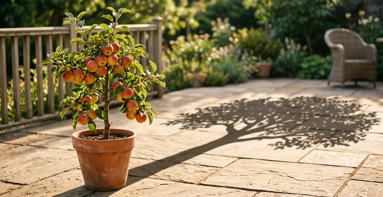 A small potted dwarf apple tree heavy with fruit casting a large tree-shaped shadow on a sunlit patio, symbolizing big yield in small space