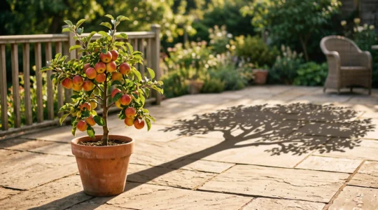 A small potted dwarf apple tree heavy with fruit casting a large tree-shaped shadow on a sunlit patio, symbolizing big yield in small space