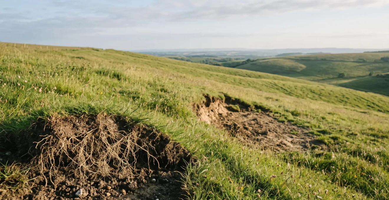 Close-up of dense fibrous grass roots gripping soil on a green sloped hillside to prevent erosion