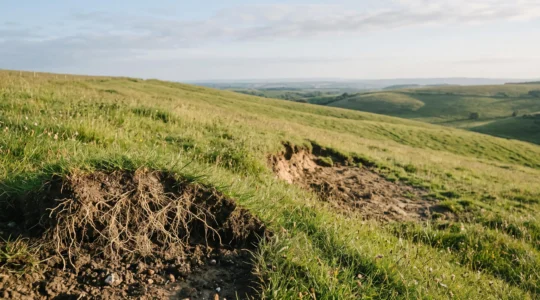 Close-up of dense fibrous grass roots gripping soil on a green sloped hillside to prevent erosion