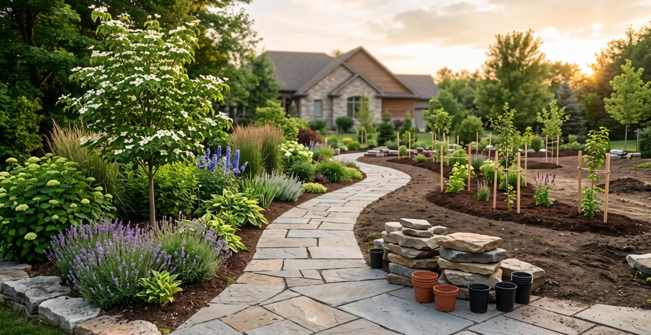 Editorial wide-angle photograph of a landscaped residential garden mid-transformation, symbolizing a multi-year property value roadmap