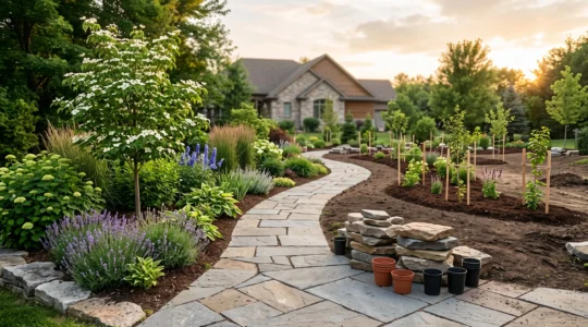 Editorial wide-angle photograph of a landscaped residential garden mid-transformation, symbolizing a multi-year property value roadmap