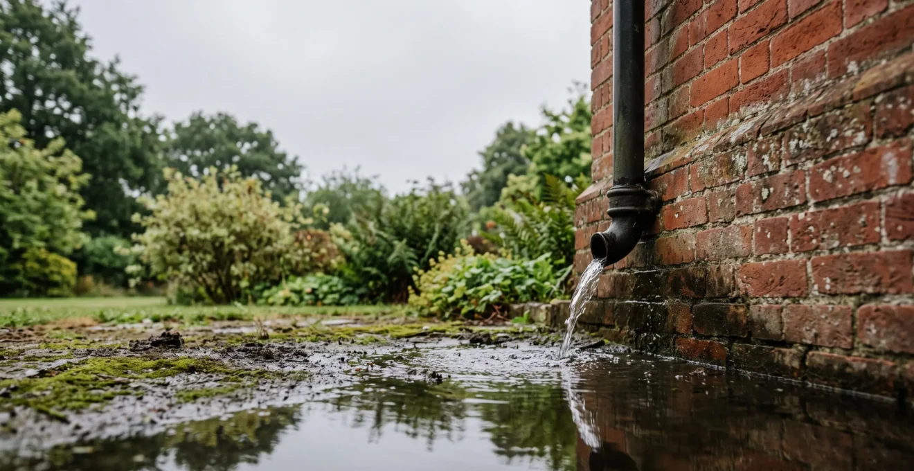 Rain water pooling against the brick foundation of a period home, illustrating hidden water stagnation causing rising damp