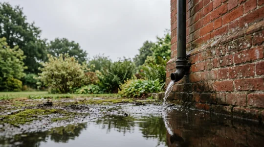 Rain water pooling against the brick foundation of a period home, illustrating hidden water stagnation causing rising damp