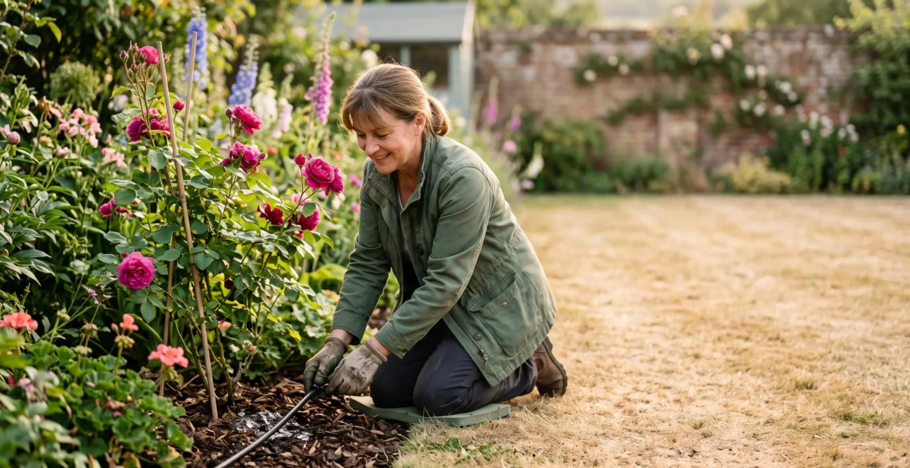 A gardener kneeling beside a raised border in a UK garden, checking a drip irrigation line during a sunny dry spell